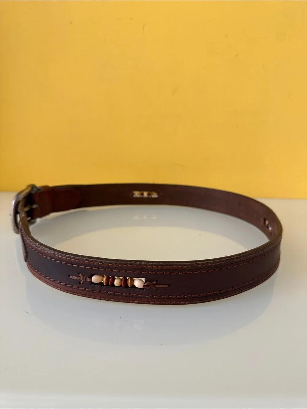 Vintage Solid Brass Buckle Men's Brown Leather Belt with Wooden Beads 32 in
